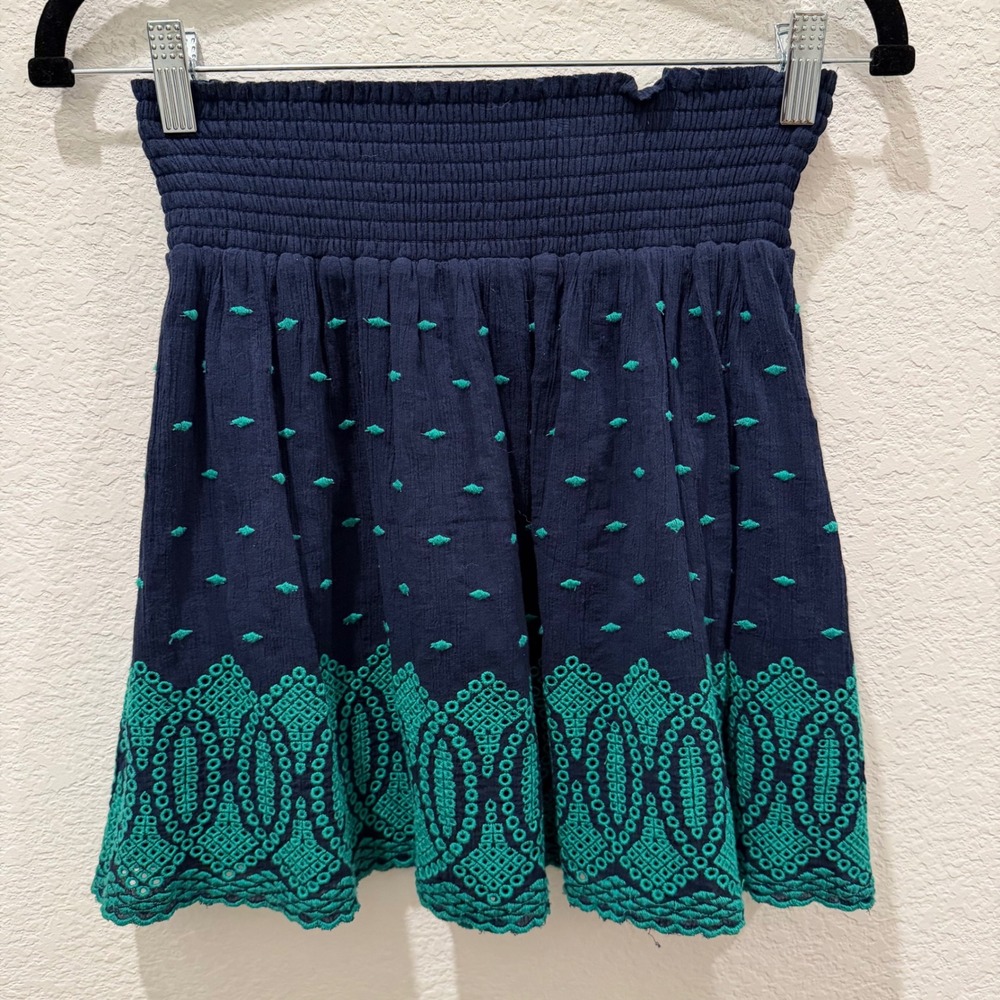 J.Crew Navy Blue Smocked Mini Skirt Teal Eyelet Embroidered Cutout Hem XXS